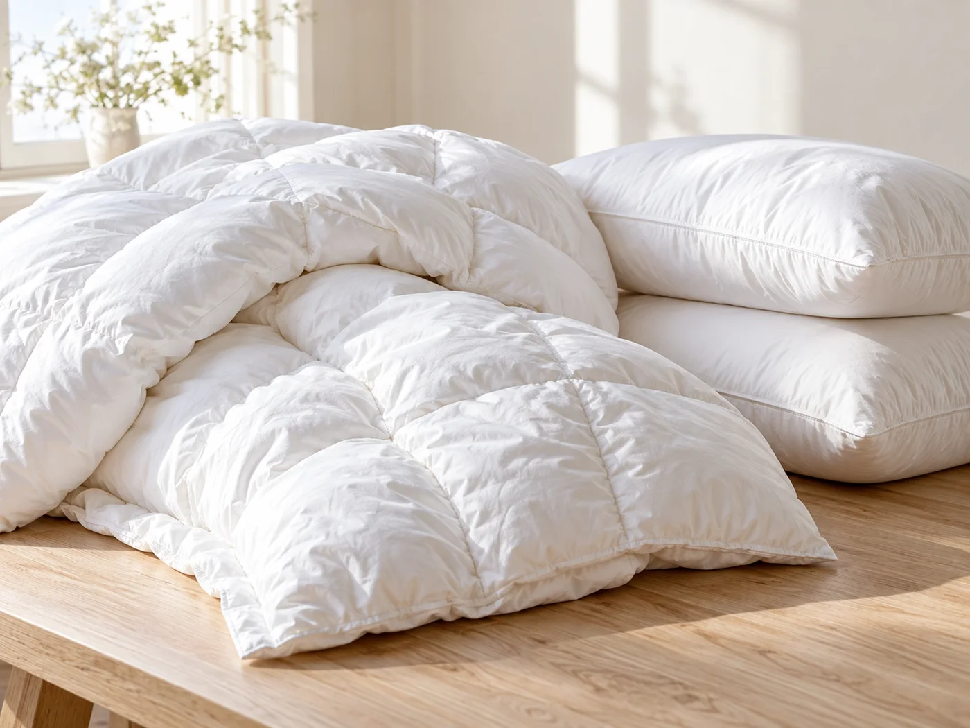 Frisch gereinigte Daunendecke mit zwei Kopfkissen